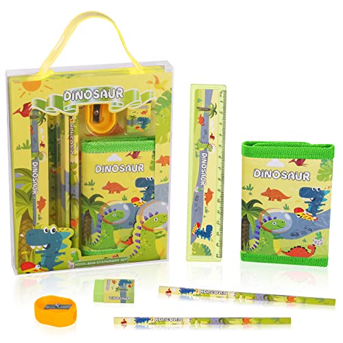 Vicloon Dinosaurier Schreibwaren Set, Schreibwaren Geschenkset für Mädchen, Radiergummi, Anspitzer, Brieftasche, Lineal, Bleistift, Kinder Mitgebsel, Geschenk Set für Mädchen und Junge(Dinosaurier) von Vicloon