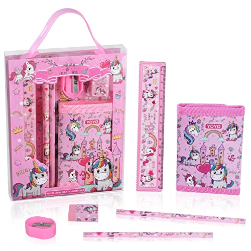 Vicloon Einhorn Schreibwaren Set, Einhorn Schreibwaren Geschenkset für Mädchen, Radiergummi, Anspitzer, Brieftasche, Lineal, Bleistift, Kinder Mitgebsel, Geschenk Set für Mädchen und Junge(Einhorn von Vicloon