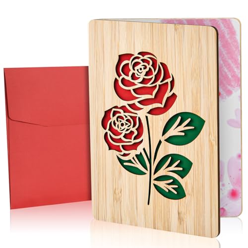 Vicloon Holzkarte aus Bambus, Hochzeitskarten Jahrestag Karten, Holz Geburtstagskarte, Einladung Karte Holz, Valentinstag Karte Holz, Premium Kreative Geschenkkarte mit Umschlag(doppelte rote Rose) von Vicloon
