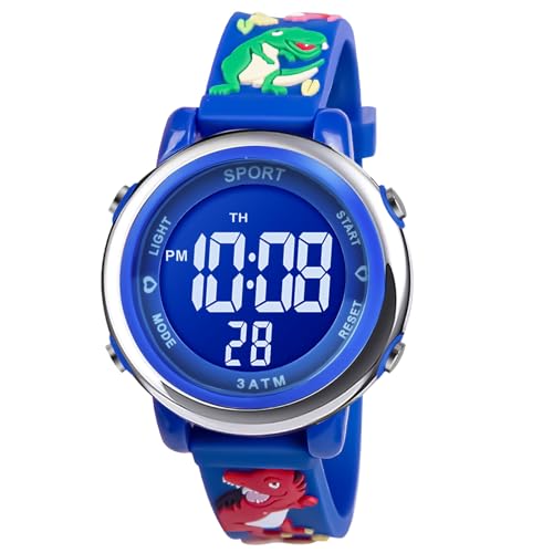 Vicloon Kinder Uhr, Kinder Digitaluhren, Kinderuhr Digital, Kinder Armbanduhr, Kinderuhr Junge Led 3ATM Wasserdicht, mit Wecker Datum Stoppuhr Lichter für 3-10 Jahre Kind（Dinosaurier dunkelblau） von Vicloon