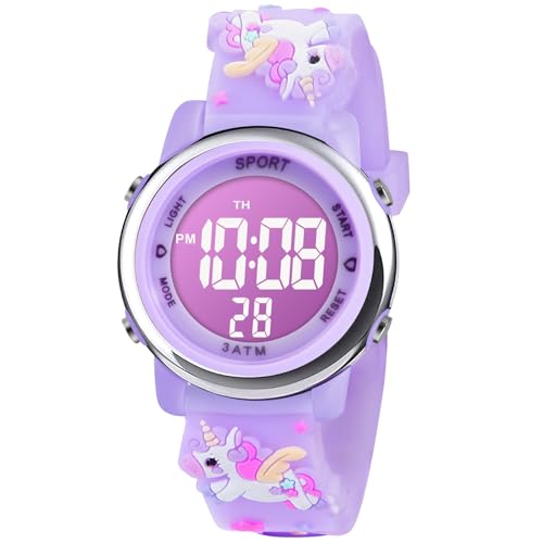 Vicloon Kinderuhr Digital, Kinder Armbanduhr, Kinderuhr Mädchen Led 3ATM Wasserdicht, Einhorn Kinderuhr mit Wecker Datum Stoppuhr Lichter, für 3-10 Jahre Jungen Mädchen(Helles Lila) von Vicloon