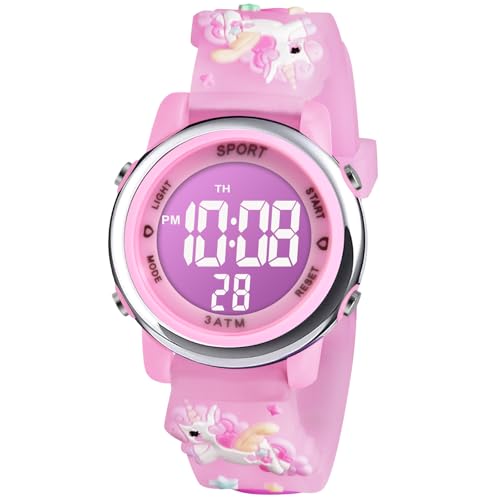 Vicloon Kinderuhr Digital, Kinder Armbanduhr, Kinderuhr Mädchen Led 3ATM Wasserdicht, Einhorn Kinderuhr mit Wecker Datum Stoppuhr Lichter, für 3-10 Jahre Jungen Mädchen(Rosa) von Vicloon