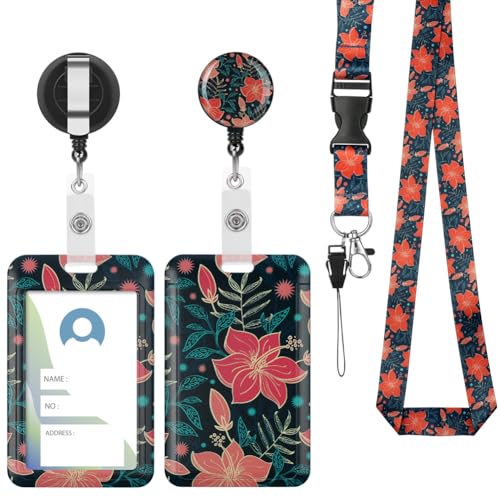 Vicloon Lanyard mit ID Kartenhalte, 2 Stücke Einziehbare Badge Holders Ausweishülle, Ausweishalter mit Clip, Schlüsselbänder mit Schnellverschluss Schnalle(große rote Blüten) von Vicloon