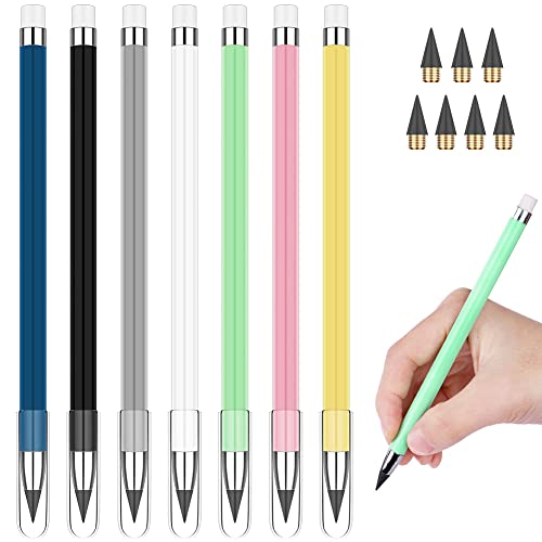 Vicloon Tintenlose Bleistifte Ewig, 7 Stück Ewiger Bleistift mit Radiergummi, mit 7 Stück Ersatzspitzen, Unendlicher Bleistift, Bleistift Ohne Anspitzen zum Schreiben, Zeichnen, Wiederverwendbar(A) von Vicloon