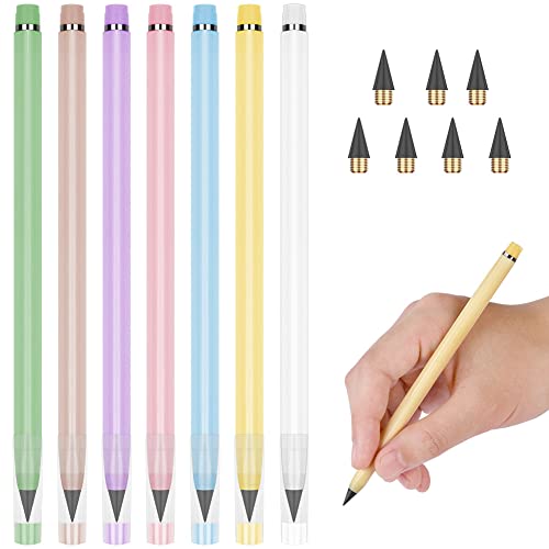 Vicloon Tintenlose Bleistifte Ewig, 7 Stück Ewiger Bleistift mit Radiergummi, mit 7 Stück Ersatzspitzen, Unendlicher Bleistift, Bleistift Ohne Anspitzen zum Schreiben, Zeichnen, Wiederverwendbar(B) von Vicloon