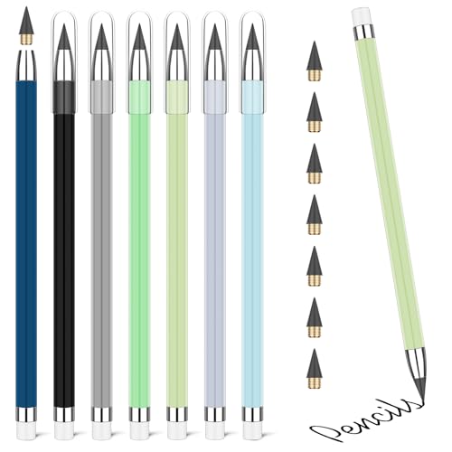 Vicloon Tintenlose Bleistifte Ewig, 7 Stück Ewiger Bleistift mit Radiergummi, mit 7 Stück Ersatzspitzen, Unendlicher Bleistift, Bleistift Ohne Anspitzen zum Schreiben, Zeichnen, Wiederverwendbar von Vicloon