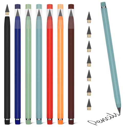 Vicloon Tintenlose Bleistifte Ewig, 7 Stück Ewiger Bleistift mit Radiergummi, mit 7 Stück Ersatzspitzen, Unendlicher Bleistift, Bleistift Ohne Anspitzen zum Schreiben, Zeichnen, Wiederverwendbar von Vicloon