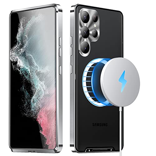 Vicoogo Metall Magnetische für Samsung Galaxy S21 Ultra Hülle [Kompatibel mit MagSafe] [Metallrahmen-Stoßfänger] [Sicherheitsschloss] Stoßfest Mattiert Translucente Hülle (Silber) von Vicoogo