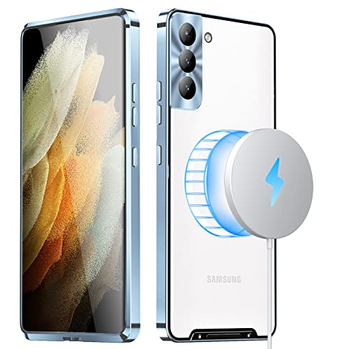 Vicoogo Metall Magnetische für Samsung Galaxy S22 Hülle [Kompatibel mit MagSafe] [Metallrahmen-Stoßfänger] [Sicherheitsschloss] Stoßfest Mattiert Translucente Hülle (Blau) von Vicoogo