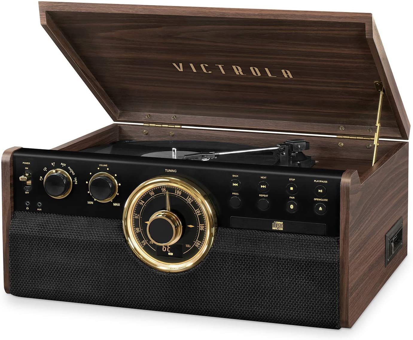 Victrola VTA-270B Plattenspieler - mit Lautsprechern, Radio (Steuerung: Halbautomat,, Drehzahl (U/min): 33,3, 45, 78,, Verbindung und Funktionen: Bluetooth, Radio, Kopfhörer-Ausgang,, Arm-Typ : Einfach gebeugter Arm,, Signal-Rausch-Verhältnis: 55 dB,, Geschwindigkeiten: 33 1/3 U/min 45 U/min 78 U/min,, Funktionen: Bluetooth Radio Kassetten-Player CD-Player,, Anschlüsse: Line In Audio Ausgang (Cinch) Kopfhörerausgang,, Ausstattung :Abdeckhaube integrierte Lautsprecher) von Victrola