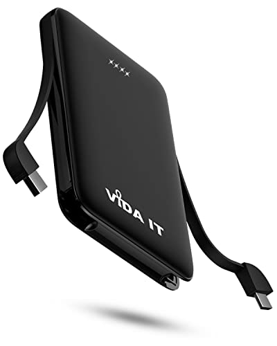 Vida IT Mini Powerbank Externe Batterie Ladegerät für Samsung Galaxy S21 S20 S10 A71 S9 Android Handy Akku mit Integriertem Kabel USB-C, 5000mAh Tragbares Akkupack, Typ-C Battery Pack Charger von Vida IT