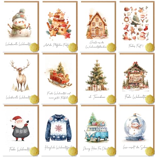Vielucks 12 x Weihnachtskarten Geschenkset - DIN A6 - Original - inkl. Umschlag und Aufkleber, Weihnachtskarte mit Sprüche Dankeskarten Christmas Postkarten, Schön Weihnachtskarten mit Umschlag Set von Vielucks