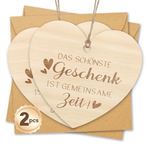 Vielucks Holz Karte Freundin Geschenk - DAS SCHÖNSTE GESCHENK IST GEMEINSAME ZEIT! Herzform mit Umschläge, Holzdeko zum Selber Beschriften, Geschenk für Freundin Geburtstag (DS-2PCS) von Vielucks