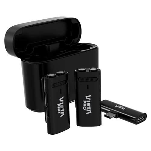 Vieta Pro Zwei kabellose ENC-Mikrofone mit Klemme, Ladebox und 10H Akku, Typ Lavalier, mit Geräuschunterdrückung, USB-C- und Lightning, Revers-Mikro | Podcast Vlogs Influencer schwarz von Vieta Pro