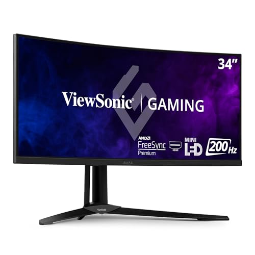 Viewsonic XG341C-2K 86,4 cm (34 Zoll) Curved Gaming Monitor (UWQHD, Quantum Dot, 1ms, 200 Hz, FreeSync Premium Pro, HDR, RGB Beleuchtung, HDMI, DP, USB-C, höhenverstellbar) Schwarz von ViewSonic