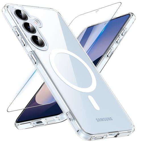 Vigamen für S25 Hülle, Magnetisch Samsung Galaxy S25 Hülle Kompatibel mit Magsafe mit Panzerglas Glas [Kratzfest] Stoßfeste Matt Transluzente Schlank Hülle für Samsung Galaxy S25 6,2 Zoll, Clear von Vigamen