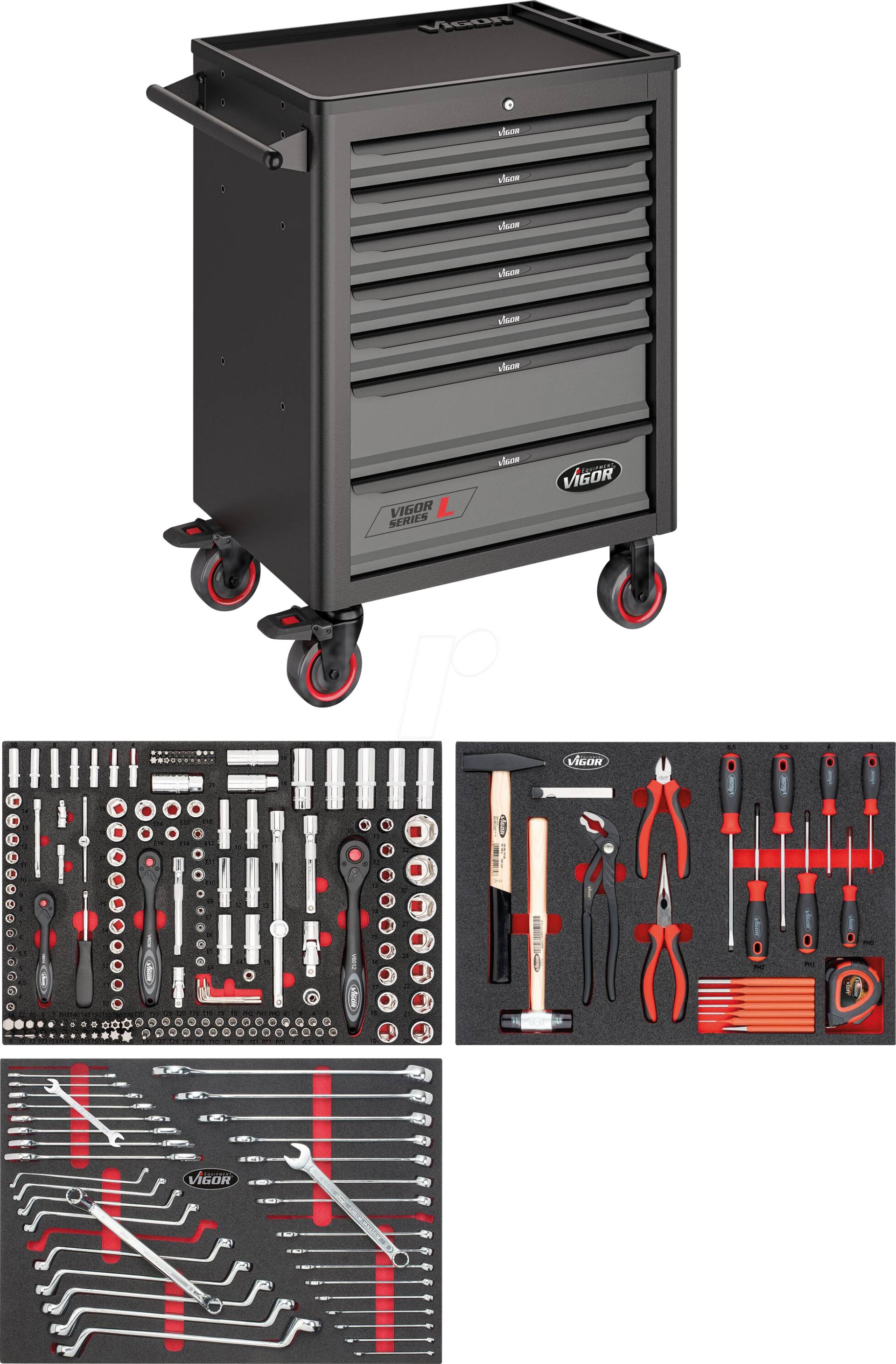 VI V4219 - Werkstattwagen, 7 Schubladen, bestückt, 248-teilig von Vigor