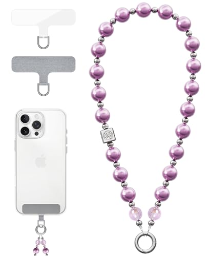 Vihibii für Handykette mit 2 Universal Patch, Handykette Perlen, Mode Perle, Handy Perlen Schlüsselband, Abnehmbare Anti Diebstahl Telefon Riemen für Frauen Mädchen, stilvolle Handy Kette, lila von Vihibii