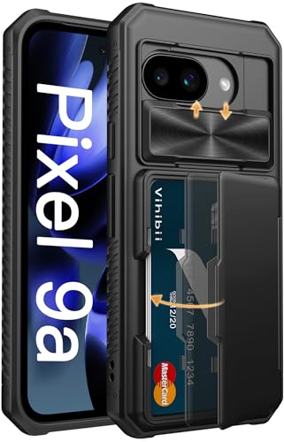 Vihibii für Google Pixel 9A Hülle mit Kartenhalter (4 Karten) [RFID Blocker] & Kameraschutz Schieber, Militärschutz Stoßfeste Kratzfest Robuste Schutzhülle für Google Pixel 9A 2025, Schwarz von Vihibii