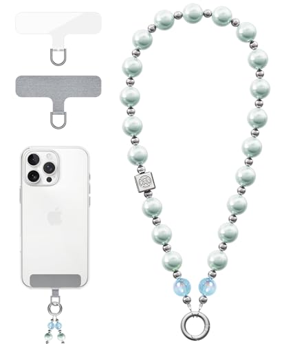 Vihibii für Handykette mit 2 Universal Patch, Handykette Perlen, Mode Perle, Handy Perlen Schlüsselband, Abnehmbare Anti Diebstahl Telefon Riemen für Frauen Mädchen, stilvolle Handy Kette, Blau von Vihibii
