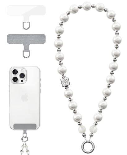 Vihibii für Handykette mit 2 Universal Patch, Handykette Perlen, Mode Perle, Handy Perlen Schlüsselband, Abnehmbare Anti Diebstahl Telefon Riemen für Frauen Mädchen, stilvolle Handy Kette, weiß von Vihibii