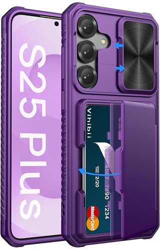 Vihibii für Samsung Galaxy S25+Plus Hülle mit Kartenfach (4 Karten) [RFID Blocking] & Kameraschutz Schieber, Stoßfeste Schutzhülle Anti Kratzt Robuste TPU Silikon Etui für Galaxy S25+Plus 6,7", Lila von Vihibii
