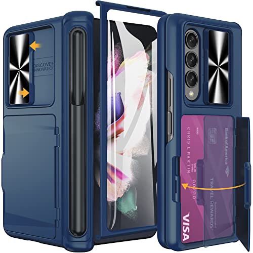 Vihibii für Samsung Galaxy Z Fold 3 Hülle mit S Pen Halter & Kartenfach & Displayschutzfolie & Kameraschutz Schieber & Scharnier Schutz, Stoßfeste Schutzhülle Case Handyhülle für Galaxy Z Fold 3, Blau von Vihibii