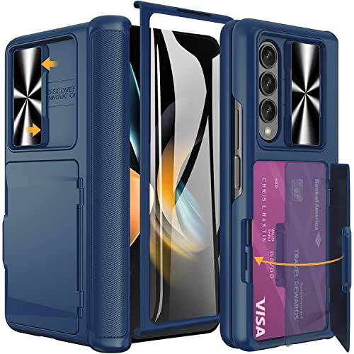 Vihibii für Samsung Galaxy Z Fold 4 Hülle mit Kartenfach & Displayschutzfolie & Kameraschutz Schieber & Scharnierschutz, Stoßfeste Schutzhülle Robuste Case Handyhülle für Galaxy Z Fold 4, Blau von Vihibii