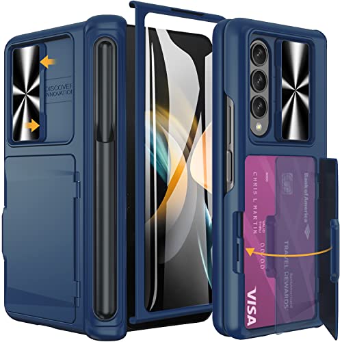 Vihibii für Samsung Galaxy Z Fold 4 Hülle mit S Pen Halter & Kartenfach & Displayschutzfolie & Kameraschutz Schieber & Scharnier Schutz, Stoßfeste Schutzhülle Case Handyhülle für Galaxy Z Fold 4, Blau von Vihibii