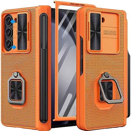 Vihibii für Samsung Galaxy Z Fold 5 Handyhülle mit S Pen Halter & Metall Ring Ständer & Scharnierschutz & Kameraabdeckung & Displayschutzfolie, Robuste Case Kickstand Schutzhülle für Z Fold 5, Orange von Vihibii