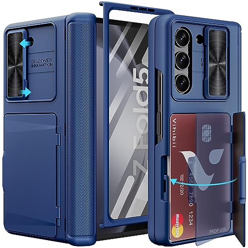 Vihibii für Samsung Galaxy Z Fold 5 Hülle mit Kartenfach & Displayschutzfolie & Kameraschutz Schieber & Scharnierschutz, Stoßfeste Schutzhülle Robuste Case Handyhülle für Galaxy Z Fold 5, Blau von Vihibii