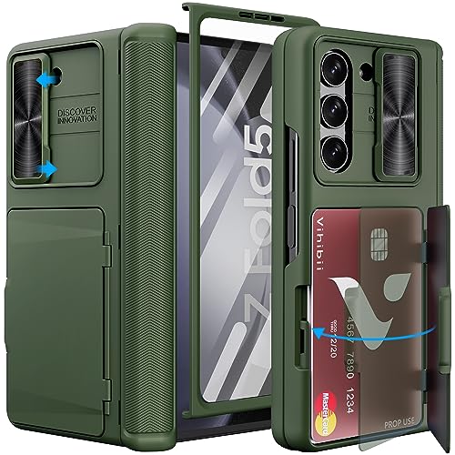 Vihibii für Samsung Galaxy Z Fold 5 Hülle mit Kartenhalter & Kameraschutz Schieber & Displayschutzfolie & Scharnier Schutz, Stoßfeste Handyhülle Robuste Schutzhülle Case für Galaxy Z Fold5, Dunkelgrün von Vihibii