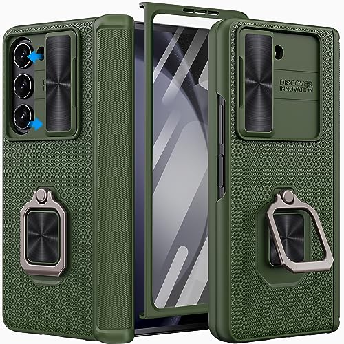 Vihibii für Samsung Galaxy Z Fold 5 Hülle mit Metall Ring Ständer & Schiebe Kamera-Abdeckung & Scharnierschutz & Displayschutzfolie, Robuste Case Kickstand Schutzhülle für Galaxy Z Fold 5, Grün von Vihibii