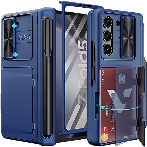 Vihibii für Samsung Galaxy Z Fold 5 Hülle mit S Pen Halter & Kartenfach & Displayschutzfolie & Kameraschutz Schieber & Scharnier Schutz, Stoßfeste Schutzhülle Case Handyhülle für Galaxy Z Fold 5, Blau von Vihibii
