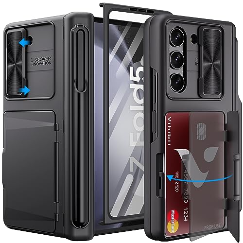 Vihibii für Samsung Galaxy Z Fold 5 Hülle mit S Pen Halter & Kartenfach & Kameraschutz & Displayschutzfolie & Scharnierschutz, Stoßfeste Schutzhülle Case Handyhülle für Galaxy Z Fold 5, Schwarz von Vihibii