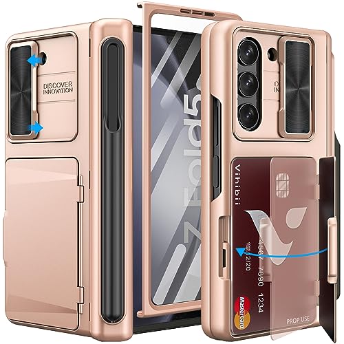 Vihibii für Samsung Galaxy Z Fold 5 Hülle mit S Pen Halter & Kartenhalter & Displayschutzfolie & Scharnierschutz & Kameraschutz, Stoßfeste Schutzhülle Robuste Case Handyhülle für Z Fold5, Rosé Gold von Vihibii