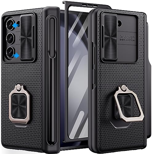 Vihibii für Samsung Galaxy Z Fold 5 Hülle mit S Pen Halter & Metall Ring Ständer & Scharnierschutz & Kameraschutz & Displayschutzfolie, Robuste Case Kickstand Schutzhülle für Samsung Z Fold5, Schwarz von Vihibii