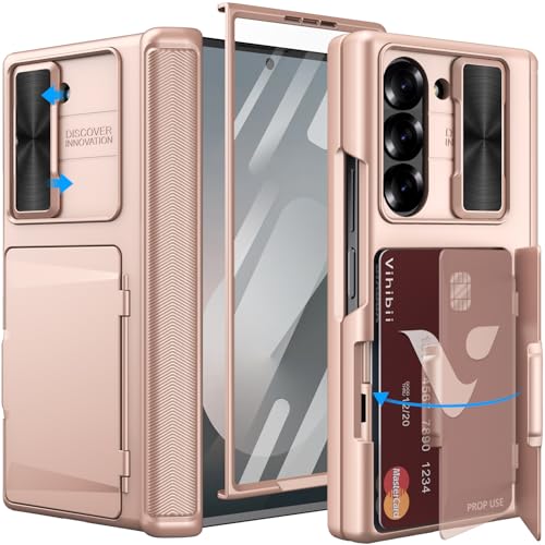 Vihibii für Samsung Fold 6 Hülle mit Karten & Kameraschutz Schieber & Displayschutzfolie & Scharnier Schutz, Militärschutz Stoßfeste Handyhülle Robuste Schutzhülle Case für Galaxy Z Fold 6, Rosé Gold von Vihibii