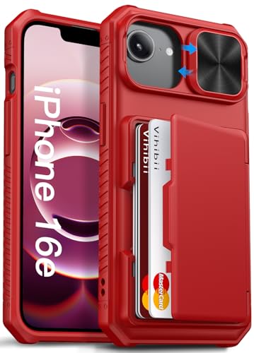 Vihibii für iPhone 16e Hülle mit Card Holder [RFID Blocker] & Kameraschutz Schieber, Robuste TPU Stoßfeste Militärschutz Kratzfest Silikon Schutzhülle für iPhone 16e 2025 6.1", Rot von Vihibii