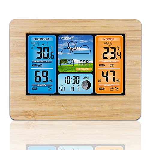 Viitech Wetterstation Funk mit Außensensor, Großes Farbdisplay Wireless Digital Wecker Barometer Weather Station Temperatur-Feuchtigkeits-Monitor Wettervorhersage (Bambus) von Viitech