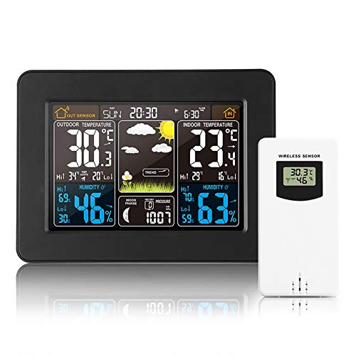 Viitech Wetterstation Funk mit Außensensor, Großes Farbdisplay Wireless Digital Wecker Barometer Weather Station Temperatur-Feuchtigkeits-Monitor Wettervorhersage (Schwarz) von Viitech