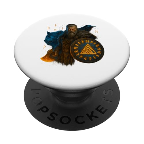 Wikinger mit Schild, Rabe und Wolf in Blau und Kupfer PopSockets Klebender PopGrip von Viking Collection by C.B.L