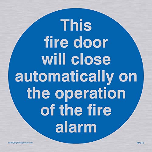 Viking Schilder ma213-s10-sv "Diese Fire Tür schließt automatisch auf die Bedienung des Fire Alarm" Sign, silber Vinyl, 100 mm x 100 mm von Viking Signs