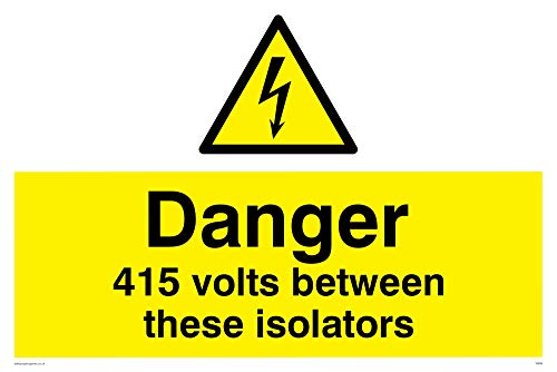 Viking Schilder we86-a2l-3 m "Danger 415 Volt zwischen diesen isolators" Zeichen, 3 mm starrer Kunststoff, 400 mm H x 600 mm W von Viking Signs