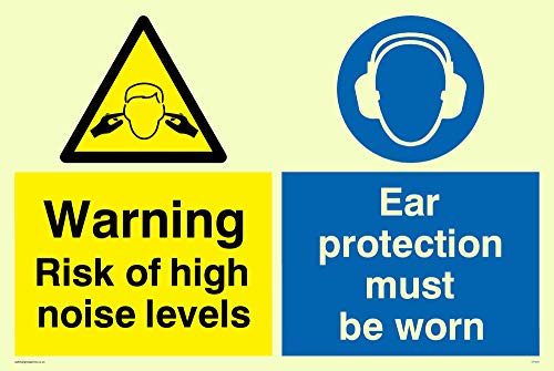 Viking Signs CP265-A6L-P Schild mit Aufschrift „Warning Risk Of High Noise Levels, Ear Protection Must Be Worn“, Photolumineszierender Kunststoff, halbstarr, 150 mm H x 100 mm B von Viking Signs