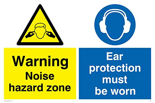 Viking Signs CP268-A2L-V Warnschild mit englischer Aufschrift „Warning Noise Hazard Zone“, „Ear Protection Must Be Worn“, Vinyl/Aufkleber, 600 x 400 mm (H x B) von Viking Signs