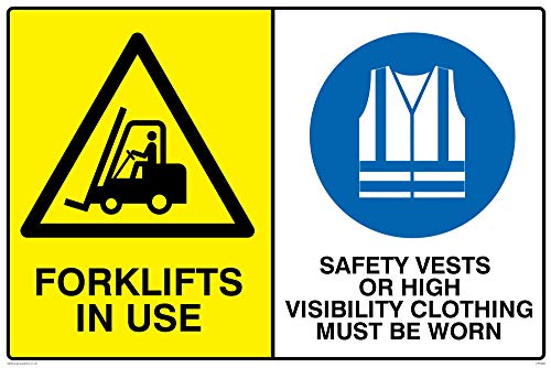 Viking Signs CP5283-A2L-V Schild "Gabelstapler in Gebrauch, Sicherheitswesten oder hohe Sichtbarkeit Kleidung muss getragen werden", Vinyl/Aufkleber, 600 mm H x 400 mm B von Viking Signs