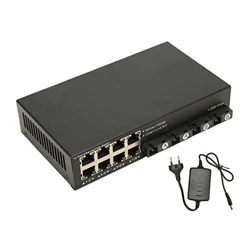 Vikye 12-Port-Gigabit-Ethernet-Switch, Ethernet-Netzwerk 10 100 1000M Switch Glasfaser-Medienkonverter mit LED-Anzeige, Unterstützt 9 KB Jumbo Frame (EU-Stecker) von Vikye