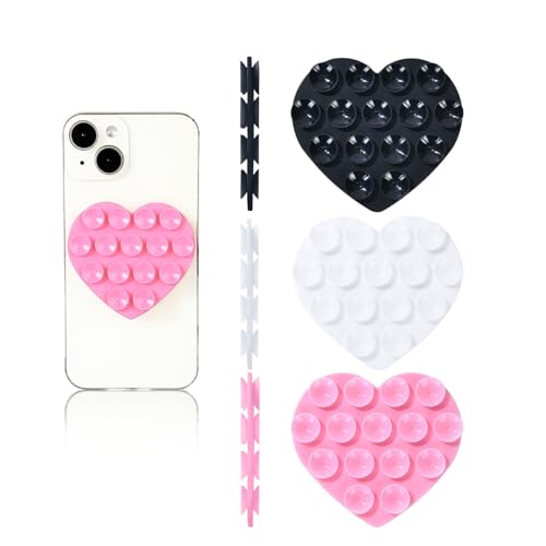 Silikon-Saugnapf-Handyhüllen, doppelseitig, herzförmig, rutschfest, Saugnapf-Handyhalterung, freihändiges Handy-Zubehör für Selfies und Videos, für alle Handys (weiß, rosa, schwarz), 3 Stück von Vilbocr