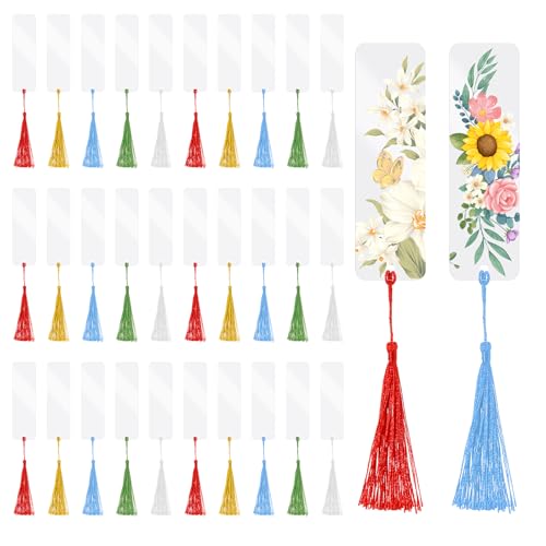 60 Stück Blanko Lesezeichen Set 30 Stück Rechteckige Acryl Lesezeichen mit 30 Stück Bunten Quasten Anhänger Transparente Lesezeichen Personalisiert Bookmarks für DIY Projekte Notizbuch von Vin Beauty